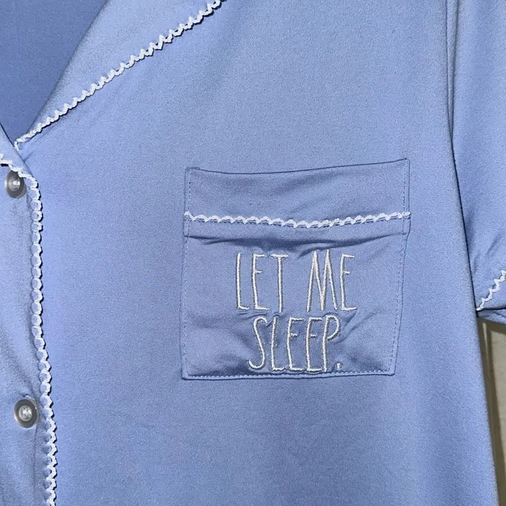 RAE DUNN. M Light Blue White Notch Collar Short Sleeve Button Top Cropped PJ - Picture 5 of 14